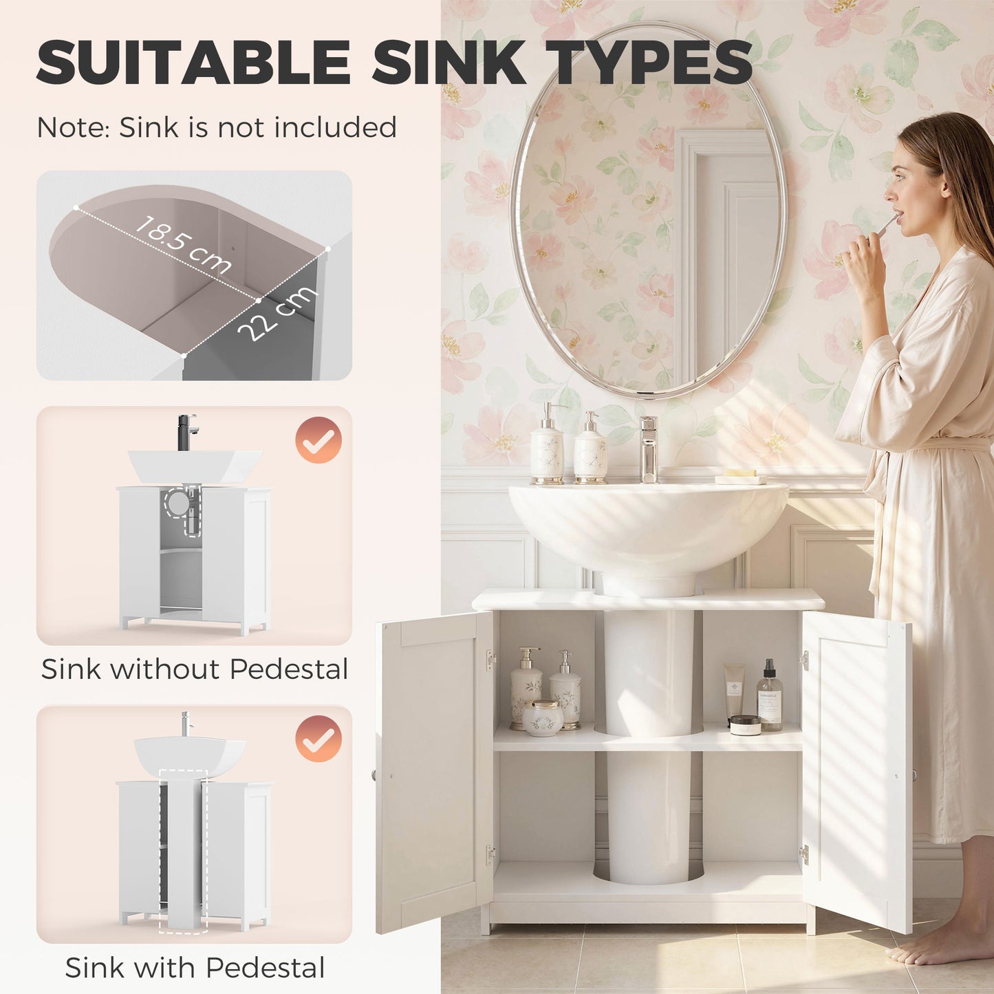 Under Sink Bathroom Cabinet, Freestanding Under Sink Cabinet with 2 Doors and Adjustable Shelf for Basin without or with Pede