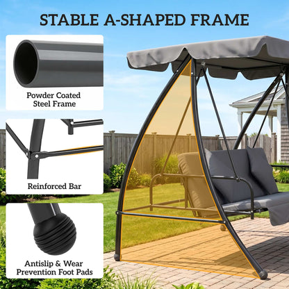 Outdoor 2-in-1 Swing Chair Lounger 3 Seater Garden Swing Seat Bed Convertible Tilt Canopy W/ Cushion, Dark Grey