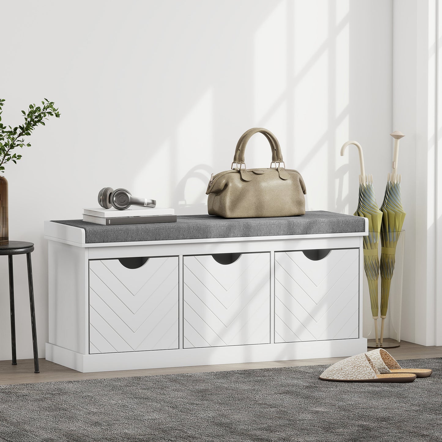 3-Drawer Padded Shoe Bench with Breathable & Washable Linen-look Cover, White