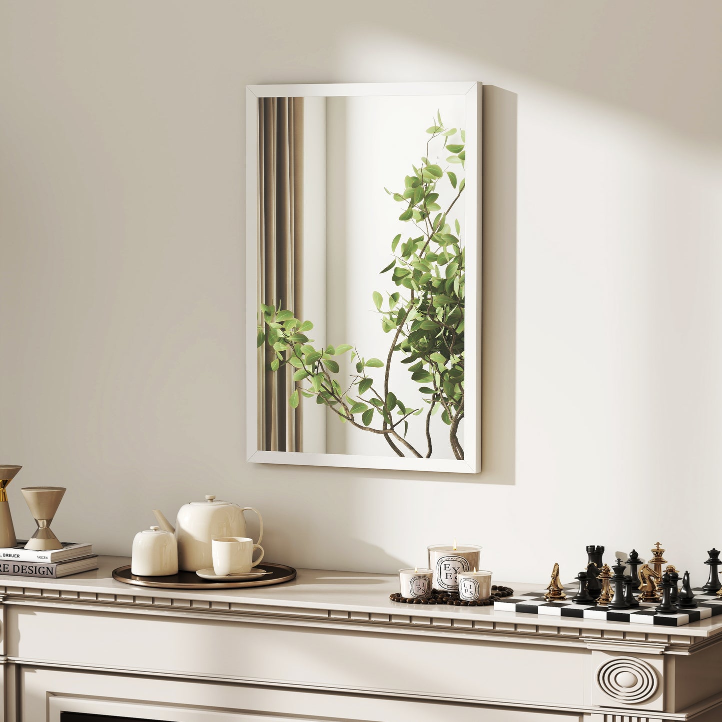 Wall Bathroom Mirror, 60 x 40 cm Wall-Mounted Mirror for Living Room, Bedroom, Hallway, White
