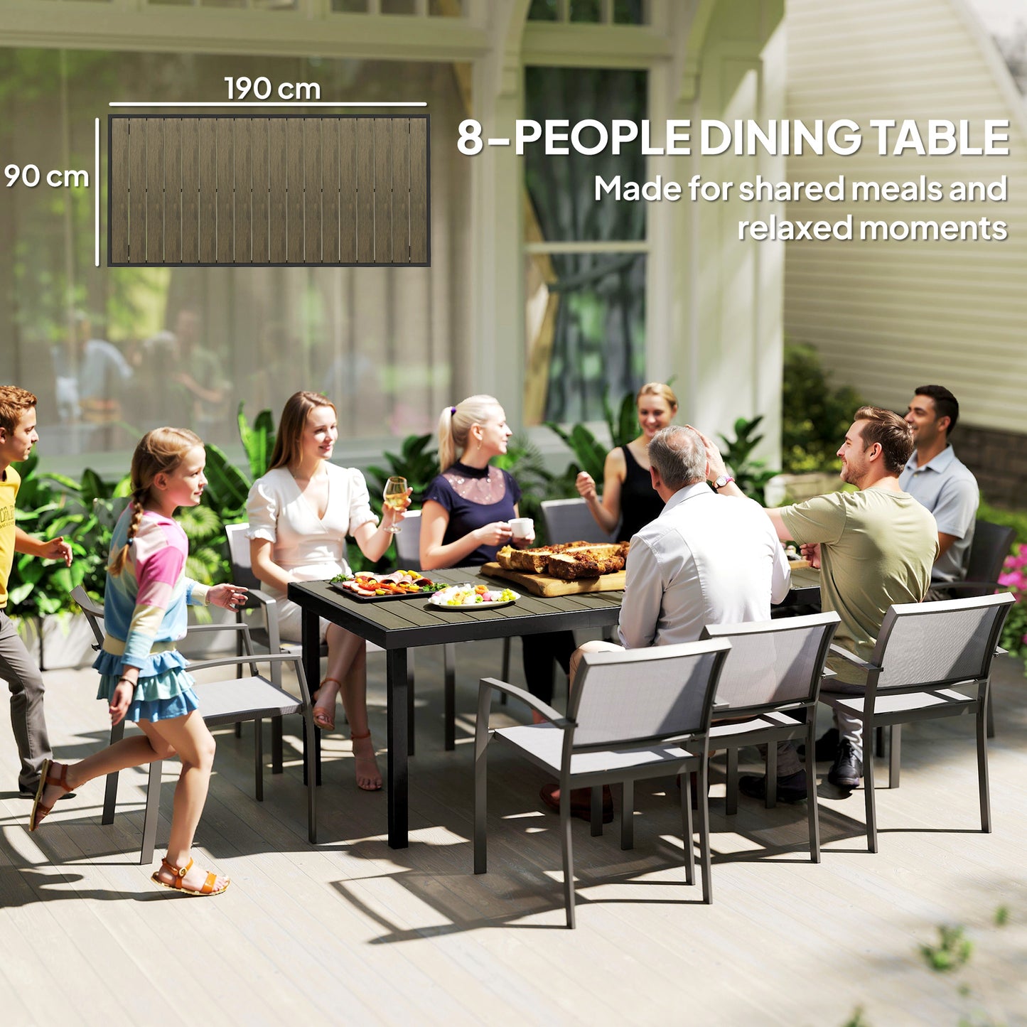 Aluminium Outdoor Garden Dining Table for 8 People, Faux Wood Top, for Garden, Patio, 190 x 90 x 74cm, Brown
