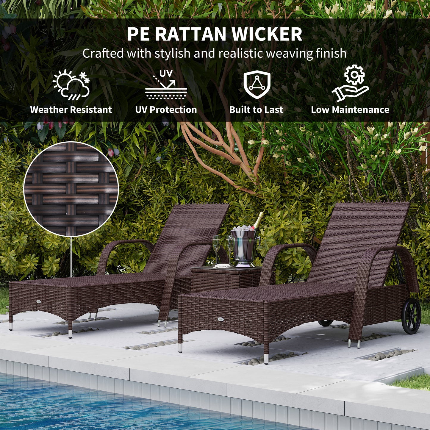 Rattan Sun Loungers Set of 2 with Side Table, 3-Piece Garden Furniture Set