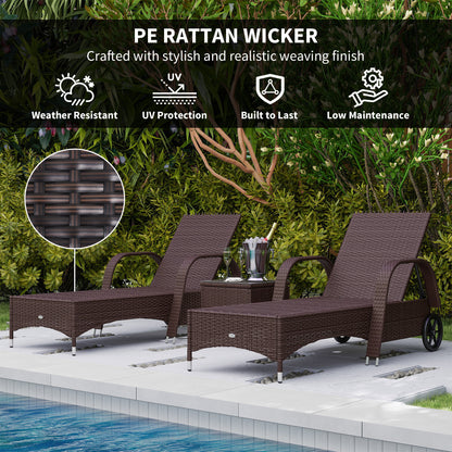 Rattan Sun Loungers Set of 2 with Side Table, 3-Piece Garden Furniture Set