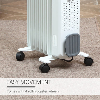 1500W Oil Filled Radiator, Portable Electric Heater with 3 Heat Settings, Safety Cut-Off and Wheels, White