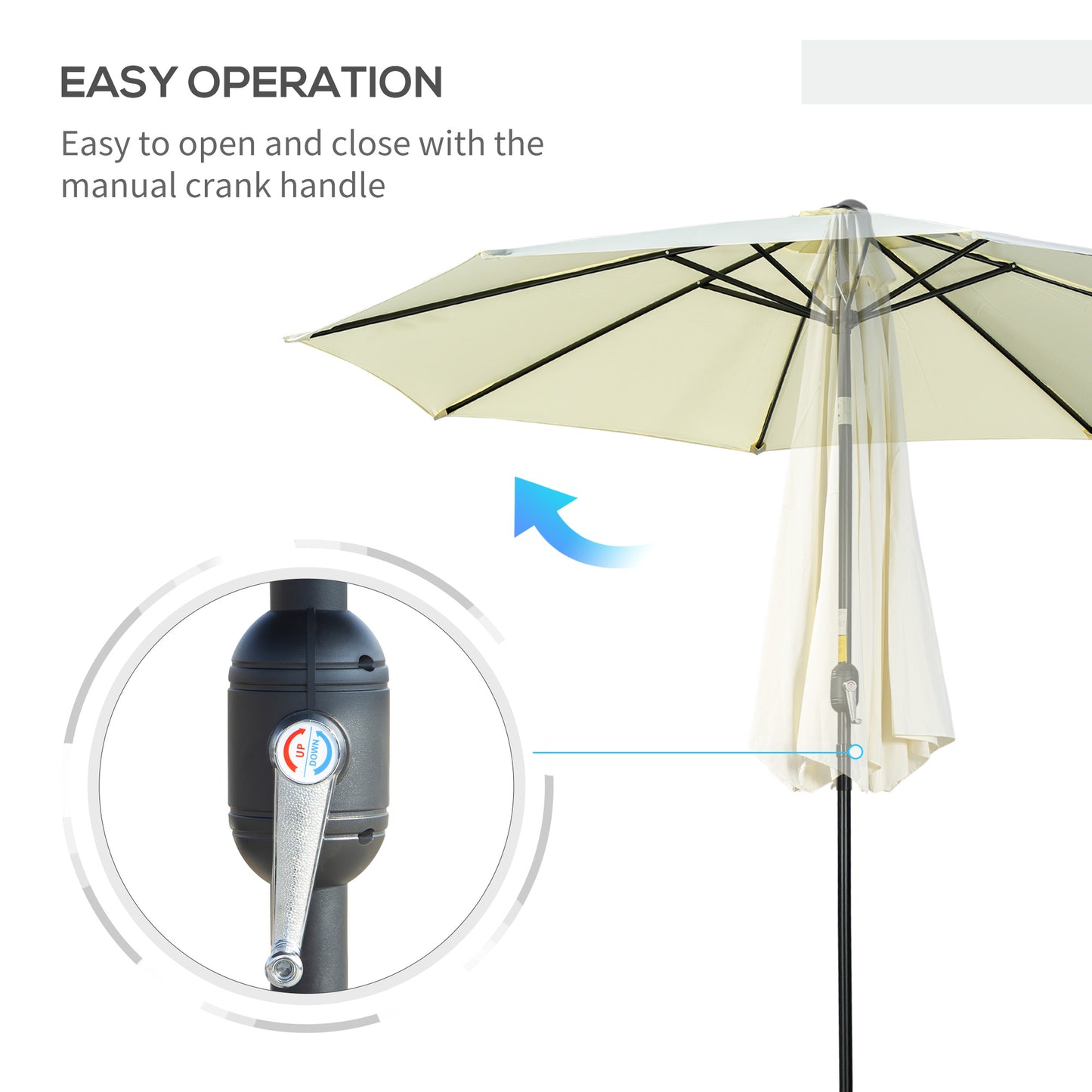 3(m) Tilting Parasol Garden Umbrellas, Outdoor Sun Shade with 8 Ribs, Tilt and Crank Handle for Balcony, Bench, Garden, Beige