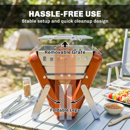 Charcoal BBQ Grill Portable Stainless Steel Barbecue with Tilting Grate for Camping Picnic Garden Orange