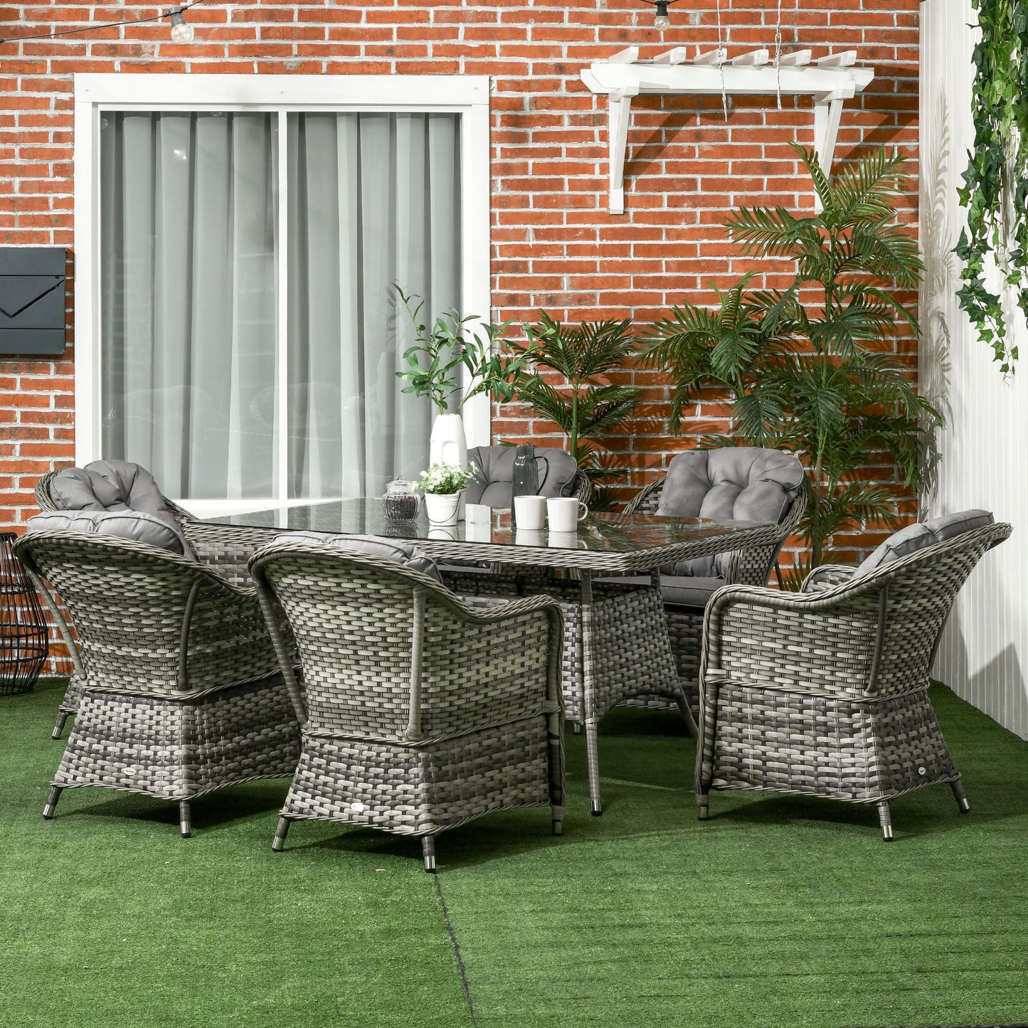Seven-Piece Rattan Dining Set with Tempered Glass Table Top and Parasol Hole - Grey