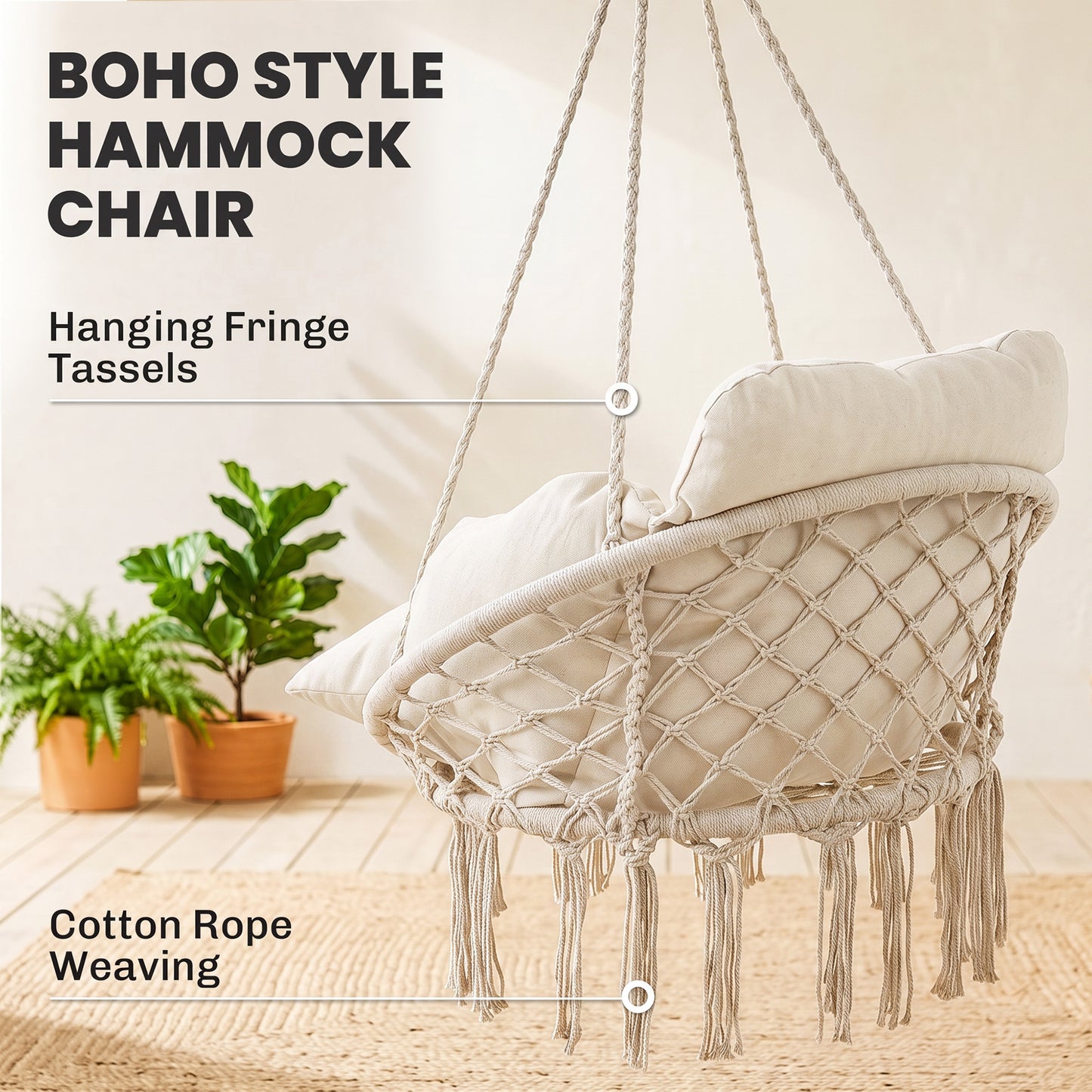 Hanging Chair Outdoor Hammock Chair with Soft Cushion, Cotton Rope Boho Style Swing Chair