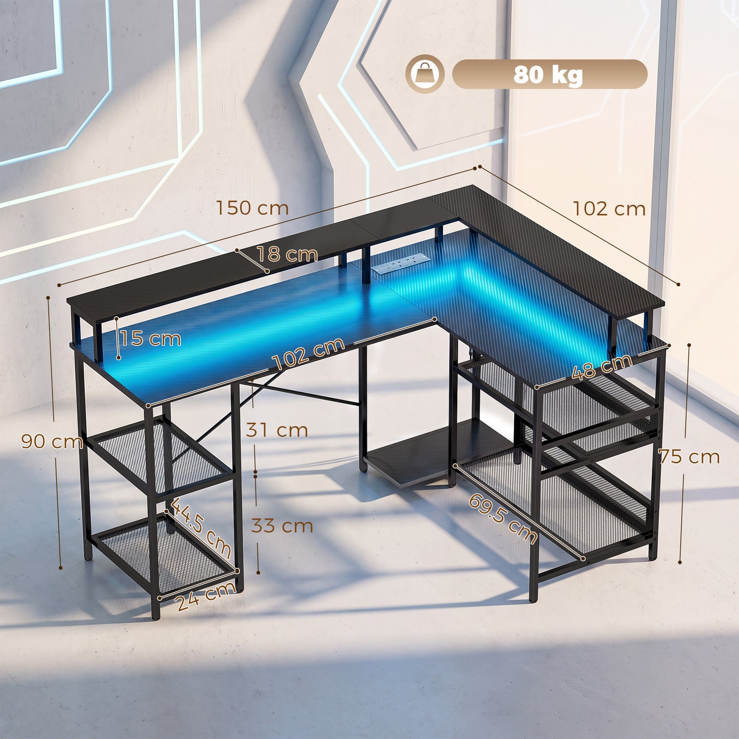 L Shaped Gaming Desk with LED Lights and Power Outlets, 150cm Corner Computer Desk for Small Space, Black
