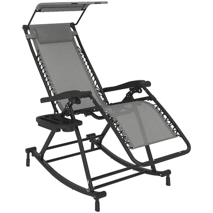 Garden Rocking Chair Folding Recliner Outdoor Adjustable Sun Lounger Rocker Zero-Gravity Seat with Headrest Side Holder Patio