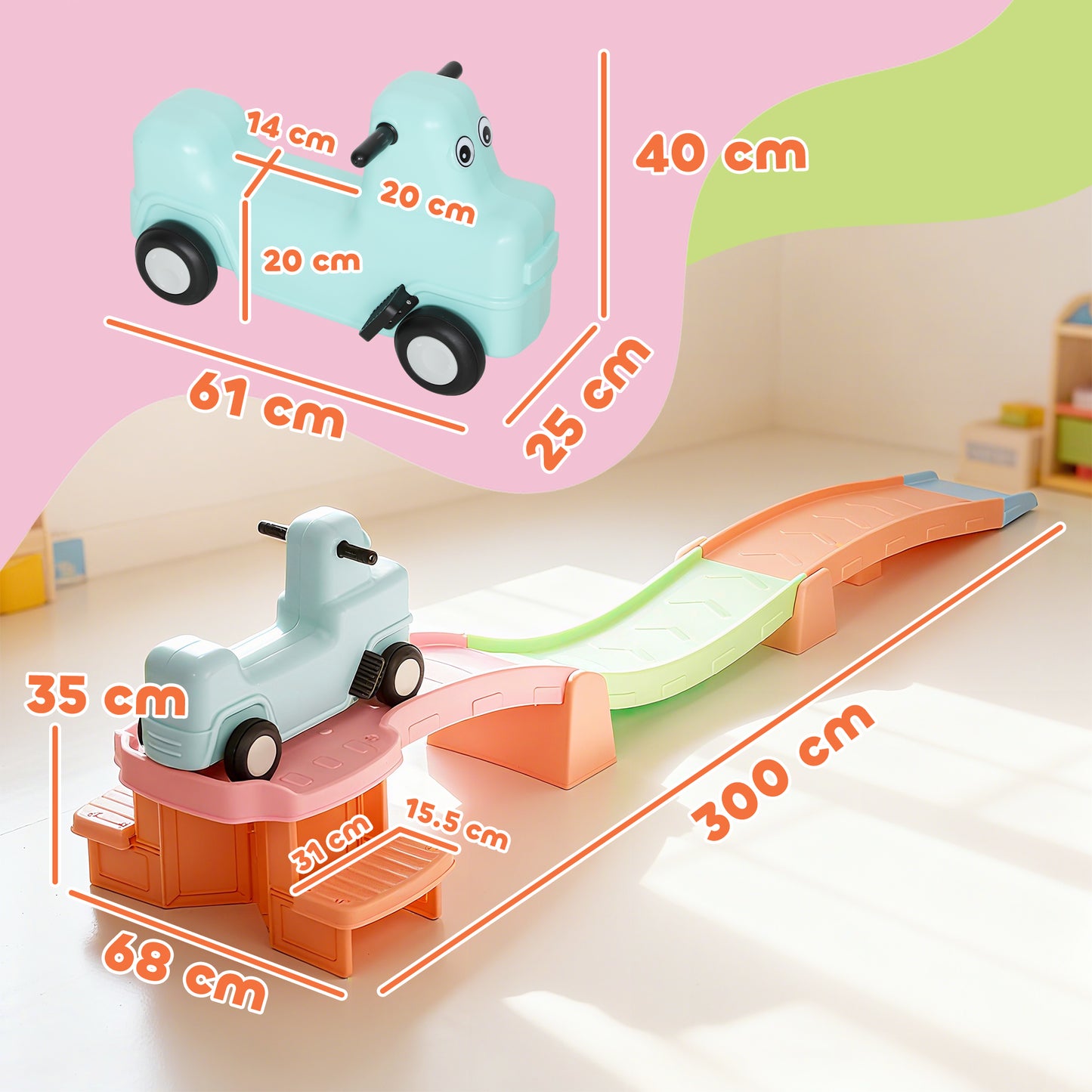 3(m) Four-Piece Ride on Kids Roller Coaster w/ Non-Slip Steps, for Ages 2-5 Years - Orange