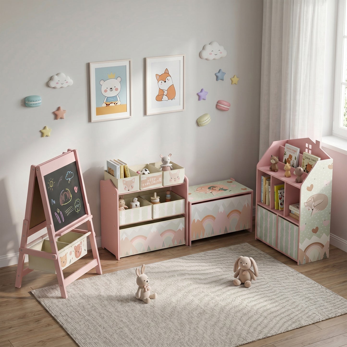 Kids Bookshelf with Storage, Toy Storage Unit with Book Display, Shelves and Fabric Drawers for Playroom Nursery, Pink
