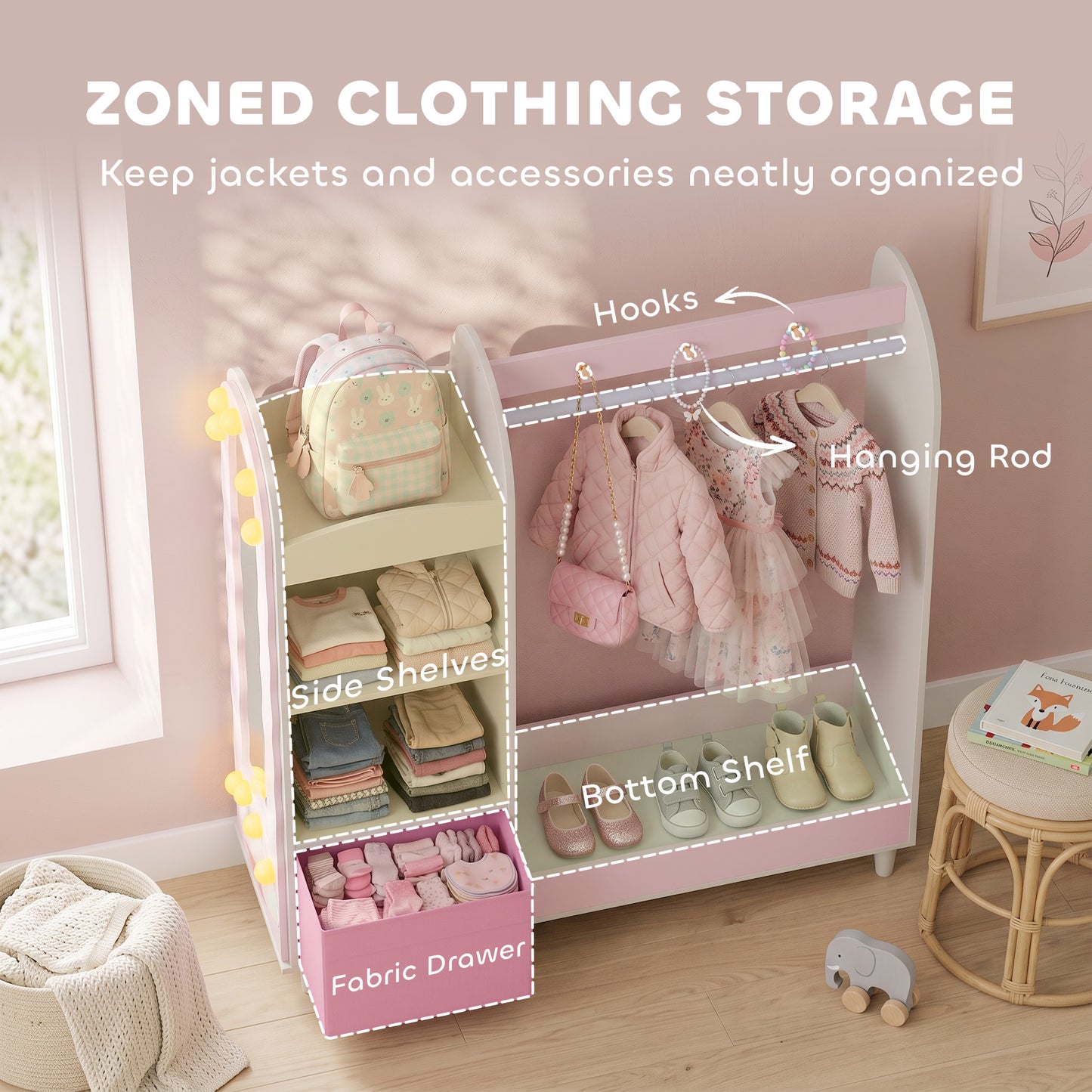 Kids Clothing Rack, Kids Wardrobe with Glowing Lights Mirror, Non-Woven Drawer and Shelves for Bedroom, Ages 3-8, Pink