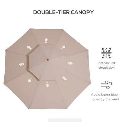 2.7m Wooden Parasol Elegant Two-Tier Design Garden Parasol Umbralle for Outdoor Shade, Beige