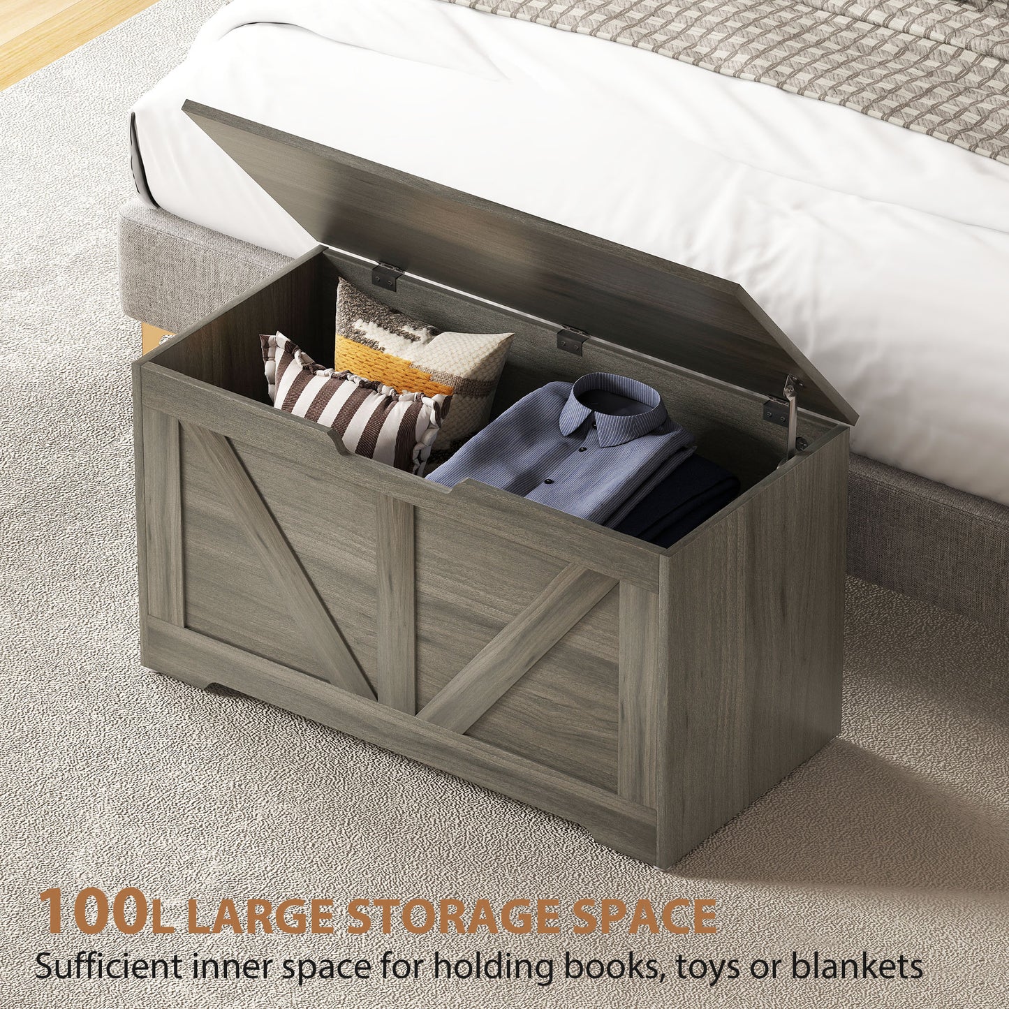 100L Home Storage Box, with Safety Hinge - Charcoal Grey