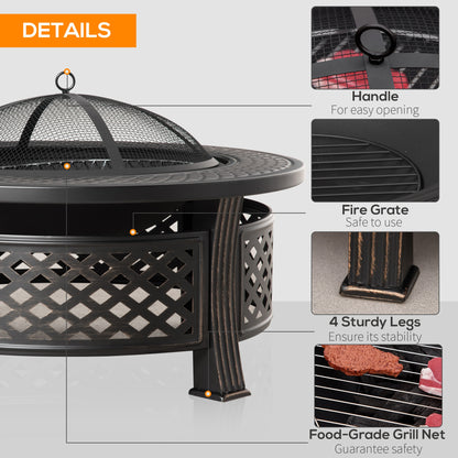 Outdoor Fire Pit, Firepit with Grill Net, Mesh Lid, Poker, for Camping, Bonfire, Picnic, Bronze Tone