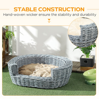 Wicker Pet Bed Willow Dog Cat Sofa Puppy Basket with Cushion Grey 57L x 46W x 17.5H cm