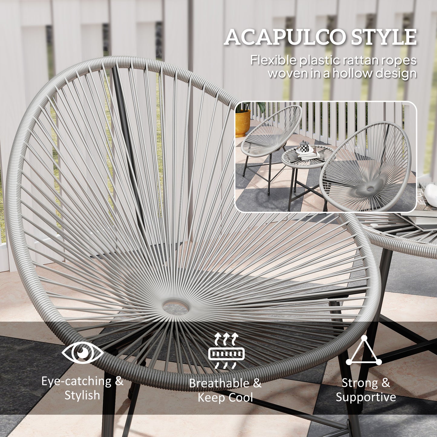 3 Pieces Rattan Bistro Set, Garden Bistro Set with Acapulco Chairs and Glass Top Table