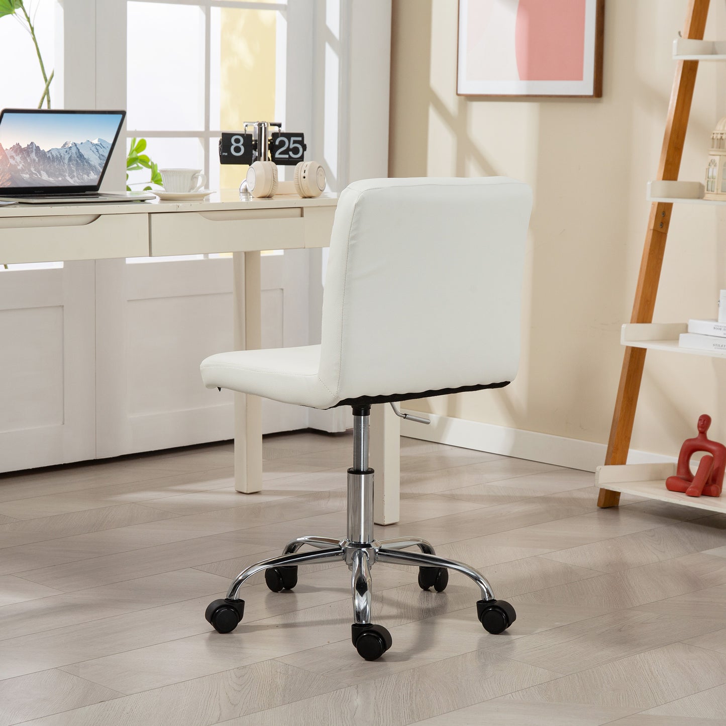PU Leather Armless Office Chair, Modern Vanity Computer Swivel Chair with Rolling Wheels and Adjustable Height for Home Study