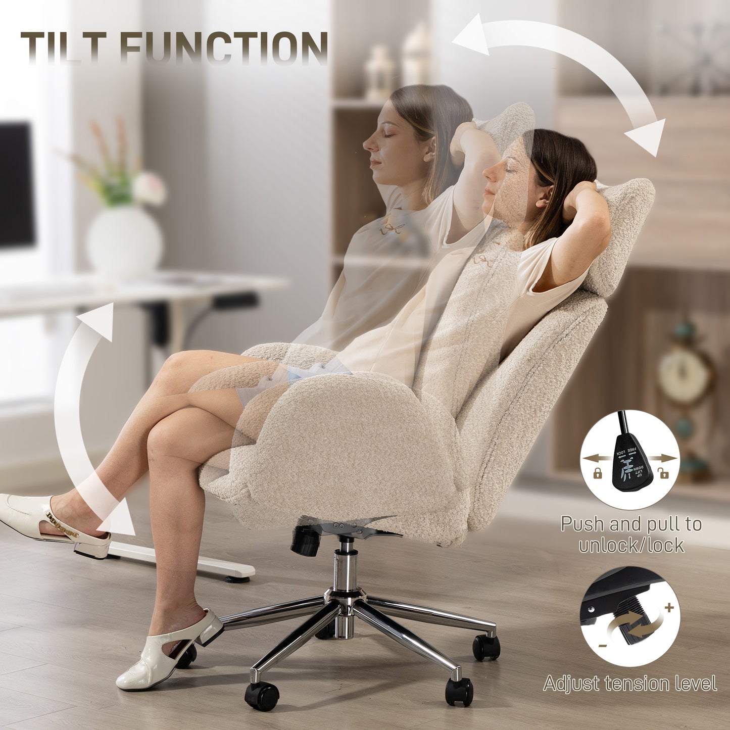 Office Chair with Adjustable Headrest, Spring Pack, Curved Line, Boucle Fabric - Pale Grey