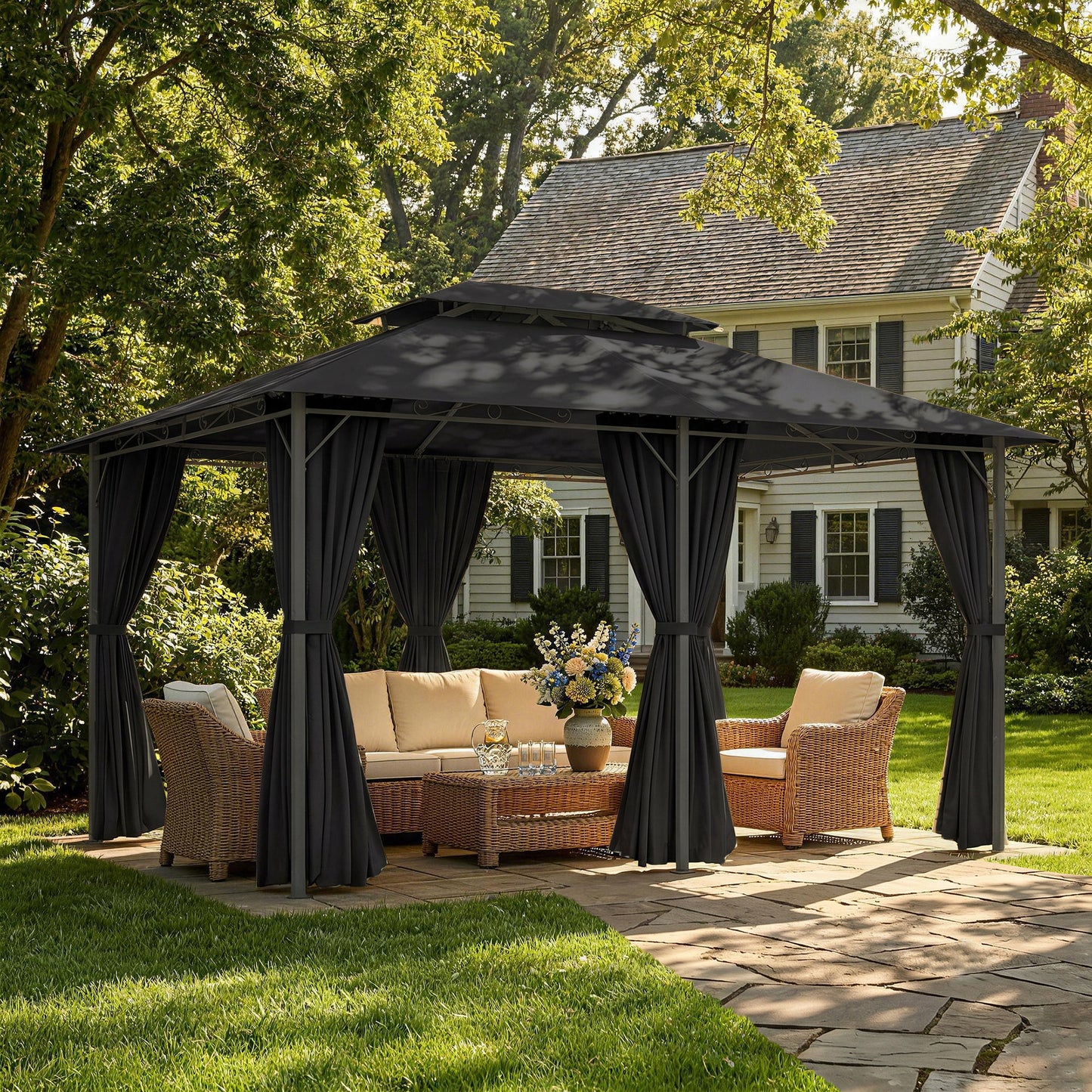 3 x 4m Steel Gazebo, with Curtains - Black