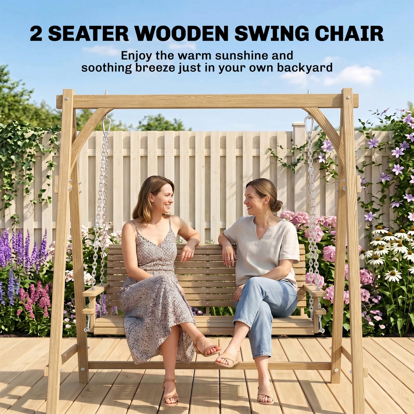 2 Seater Garden Swing Seat, Wooden Swing Chair Bench with Cup Holders for Outdoor Porch Patio, Natural