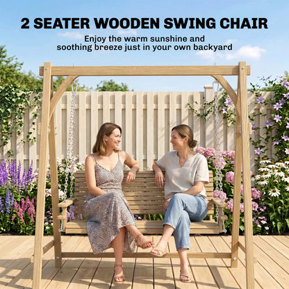 2 Seater Garden Swing Seat, Wooden Swing Chair Bench with Cup Holders for Outdoor Porch Patio, Natural