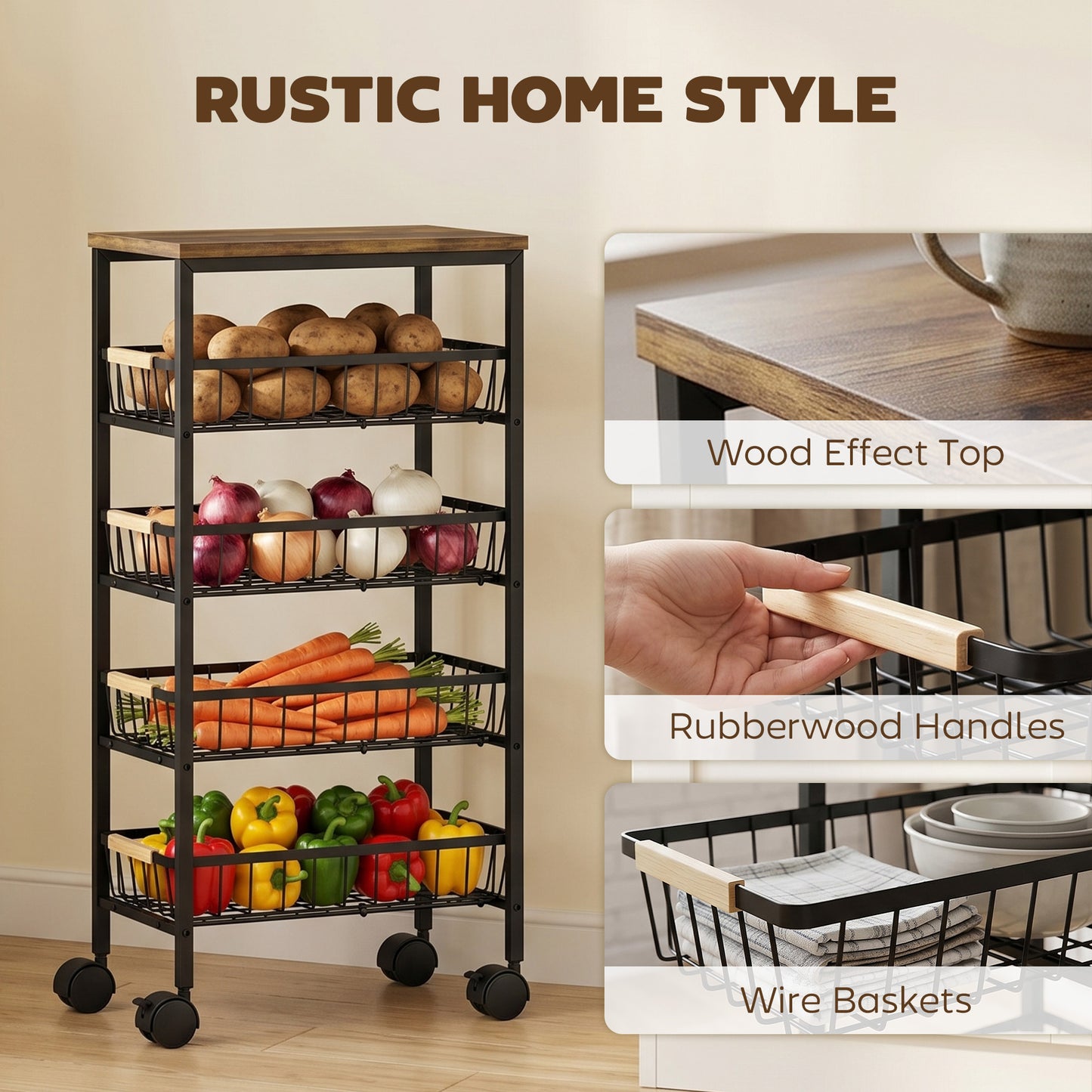 Metal Kitchen Trolley, 4-Tier Storage Trolley with Pull-Out Baskets and 4 Swivel Casters for Kitchen, Rustic Brown