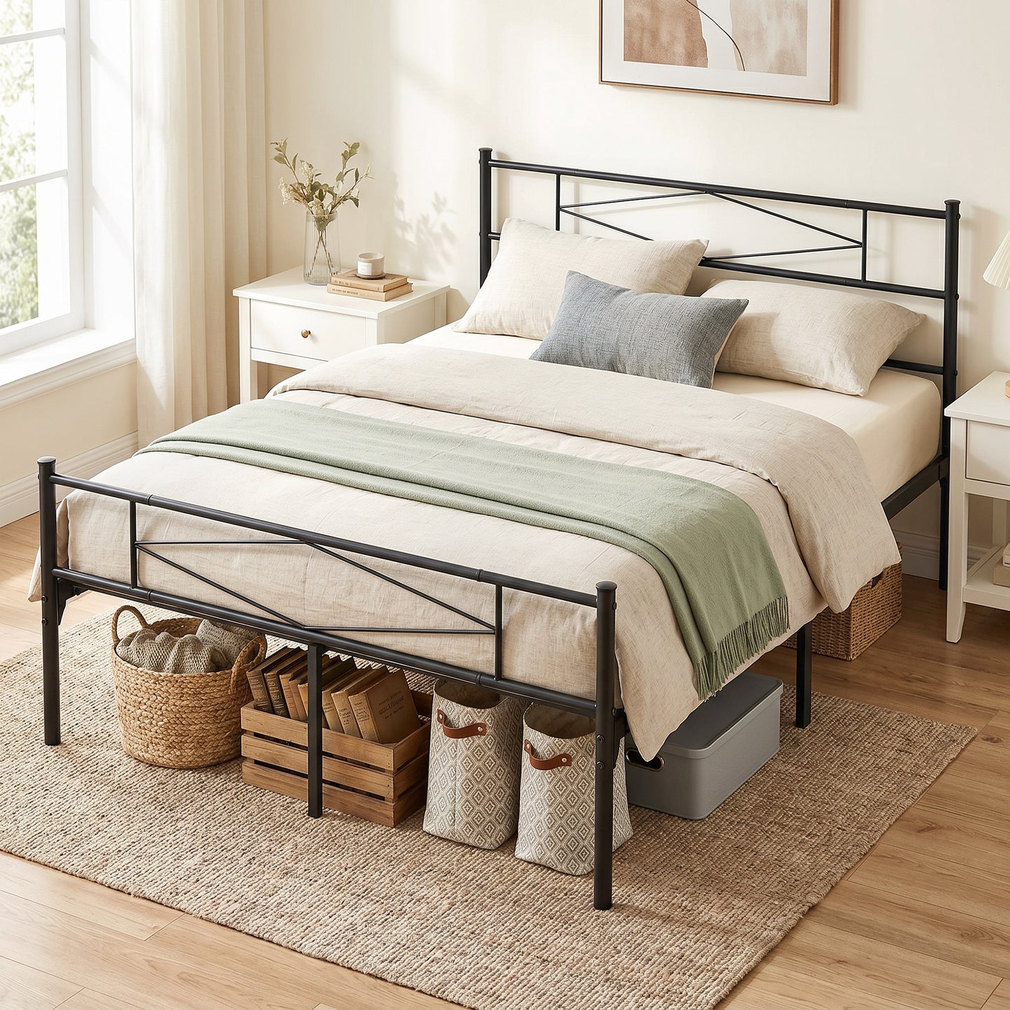4ft6 Double Bed Frame with Headboard and Footboard, Metal Platform Bed Frame with 32 cm Underbed Storage, Black