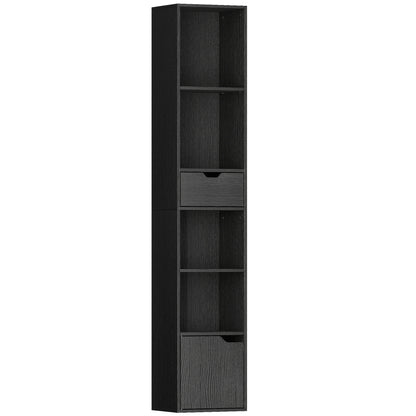 6-Tier Bookcase, Tall Narrow Bookshelf with Drawer and Door - Black
