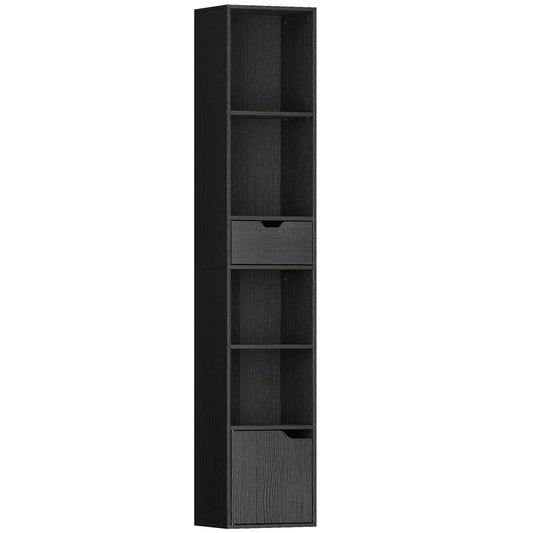6-Tier Bookcase, Tall Narrow Bookshelf with Drawer and Door - Black