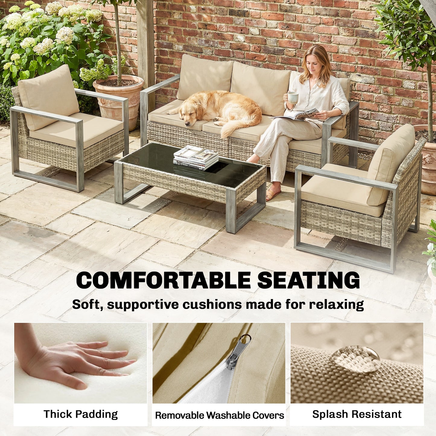 Rattan Garden Set, 4 Piece Rattan Garden Furniture Set with 3-Seater Sofa, Armchairs, Table, Aluminium Frame Patio Furniture