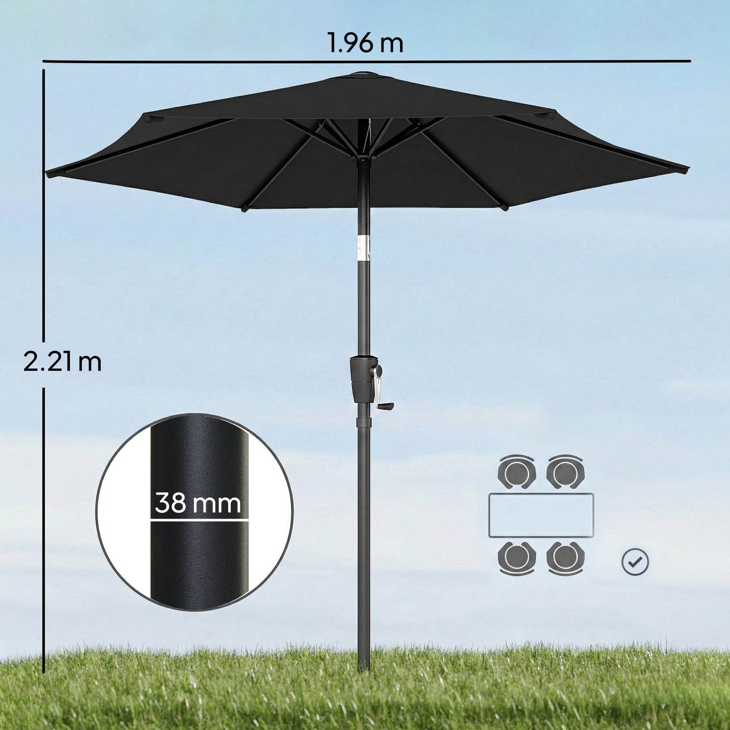 2m Garden Parasol Umbrella, Outdoor Table Parasol Umbrella with Crank Handle, Tilt Function, UV30+ Protection