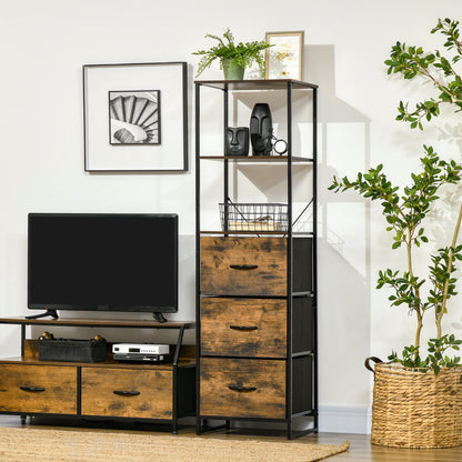 Industrial Storage Cabinet with 2 Open Shelves and 3 Foldable Fabric Drawers, Multifunctional Bookshelf in Living Room