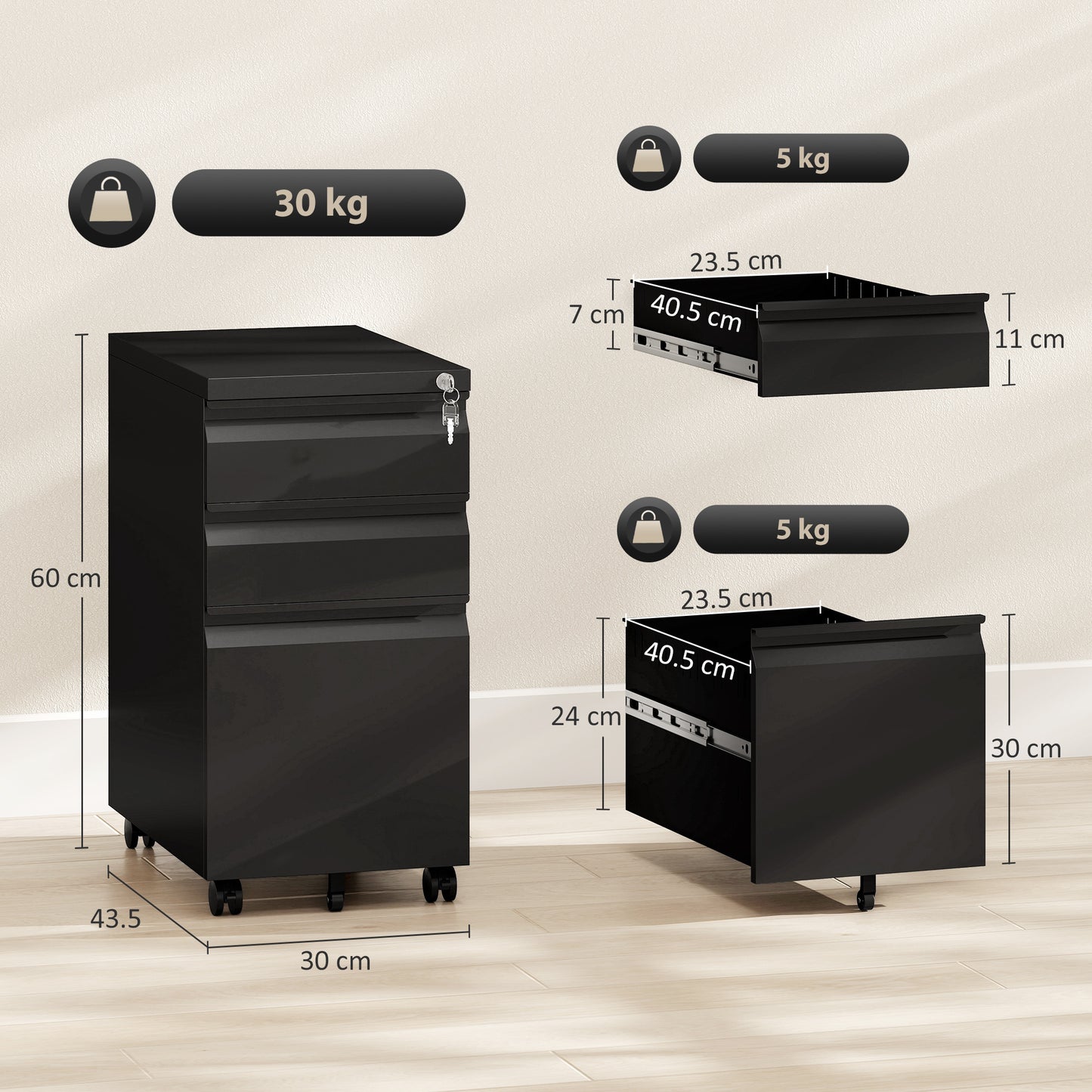 3-Drawer Steel Filing Cabinet with Lock and Wheels - Black