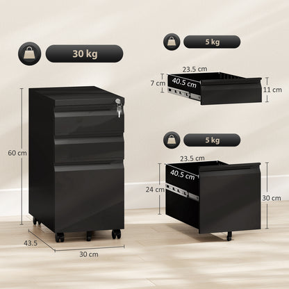 3-Drawer Steel Filing Cabinet with Lock and Wheels - Black