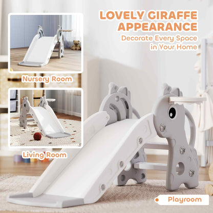 3 in 1 Kids Slide with Climber, Basketball Hoop and Ball, Giraffe Shape Climber Slide for Indoor Kids Age 1-3, Grey