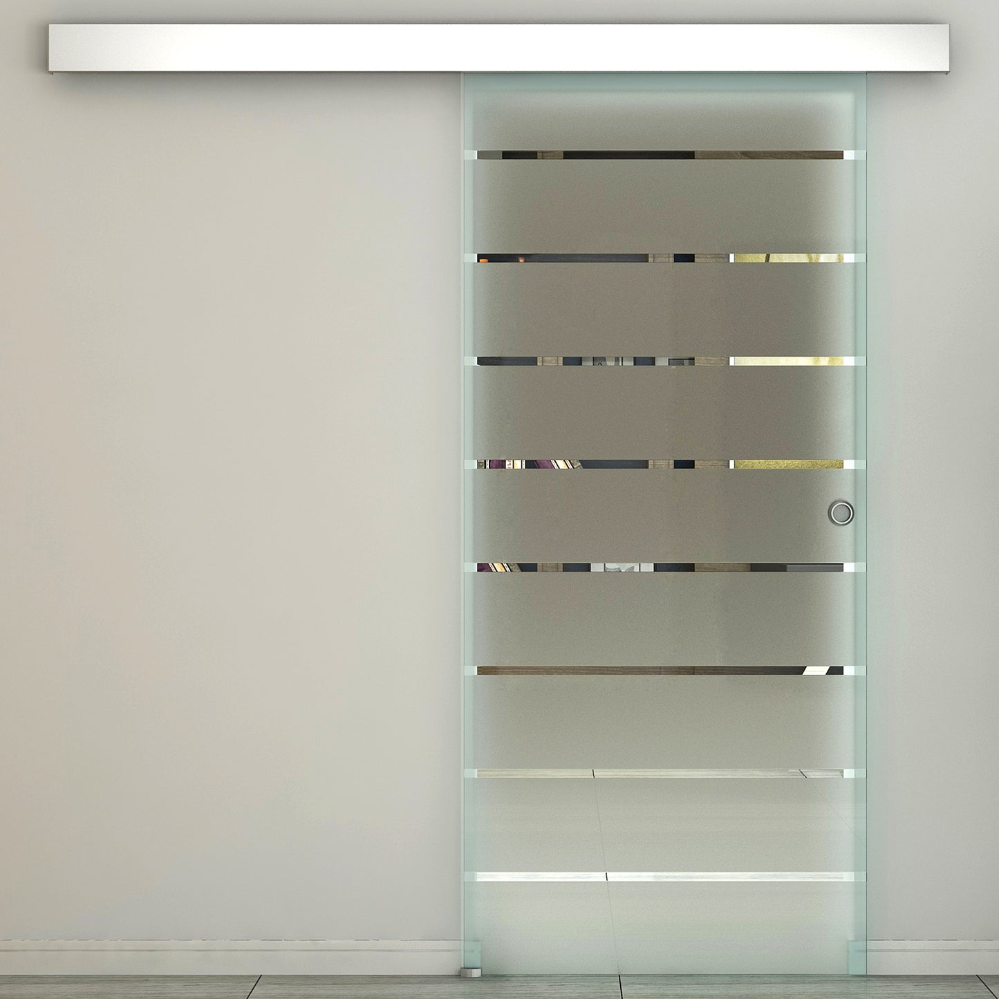 90cm Sliding Glass Door with Hardware Track Kit, Frosted Tempered Glass with Stripe Pattern, Round Handle