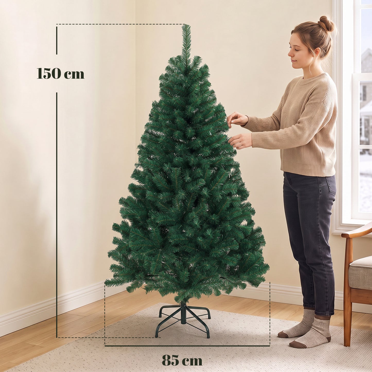 5ft Artificial Christmas Tree, Fir Hinged Xmas Tree with 420 Branch Tips, Foldable Steel Stand, Green