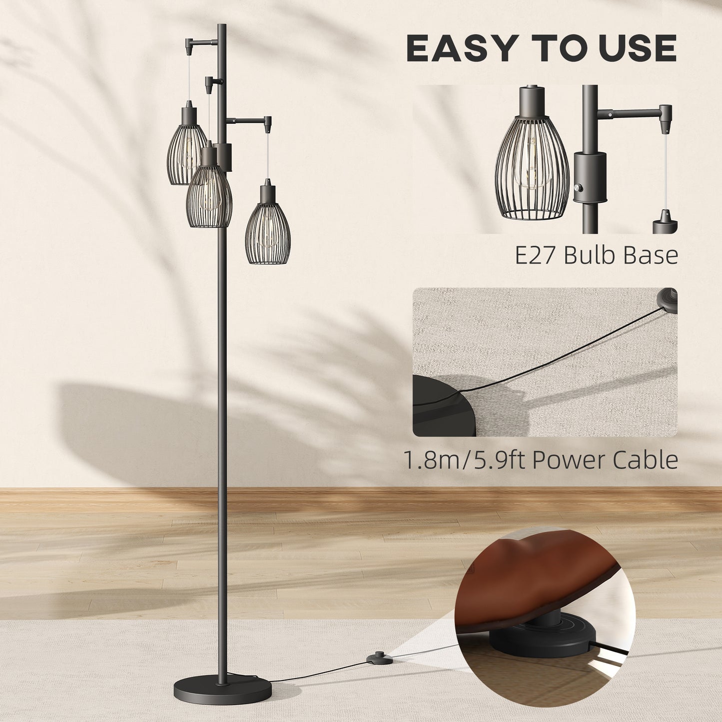 3-Light LED Floor Lamp, 170cm Industrial Dimmable Standing Lamp with Steel Wire Cage Lampshades, 2700K for Living Room