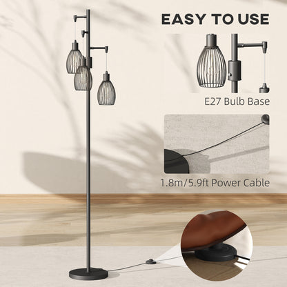 3-Light LED Floor Lamp, 170cm Industrial Dimmable Standing Lamp with Steel Wire Cage Lampshades, 2700K for Living Room