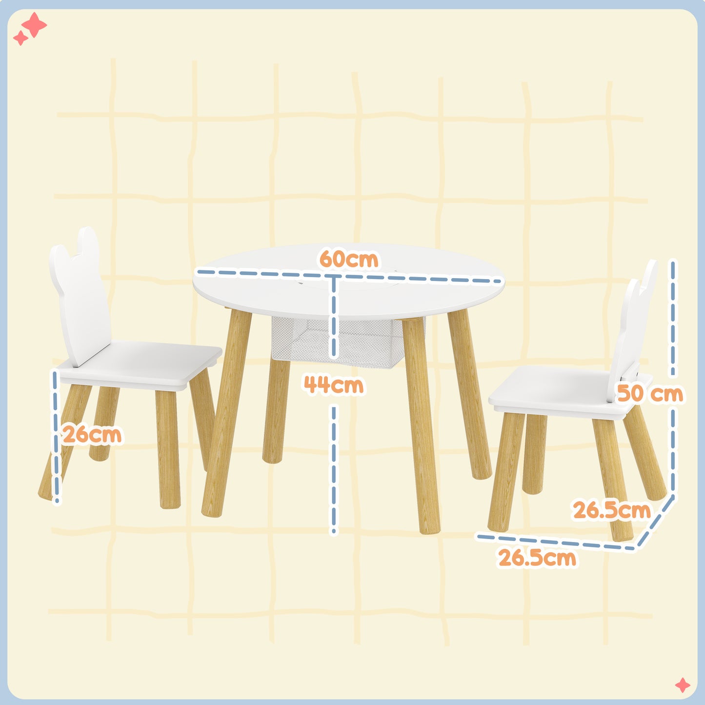 3-Piece Kids Activity Table Set with Centre Mesh Bag, Bear-Shaped Backrest, for Arts and Crafts, Reading, White