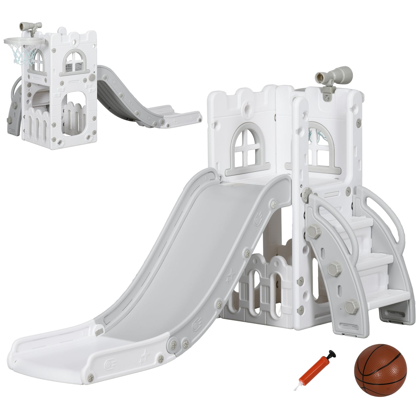 5 in 1 Toddler Slide with Basketball Hoop, Climber, Telescope, Storage Basket, for Ages 1-3 Years, Grey
