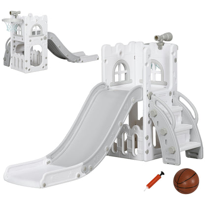5 in 1 Toddler Slide with Basketball Hoop, Climber, Telescope, Storage Basket, for Ages 1-3 Years, Grey