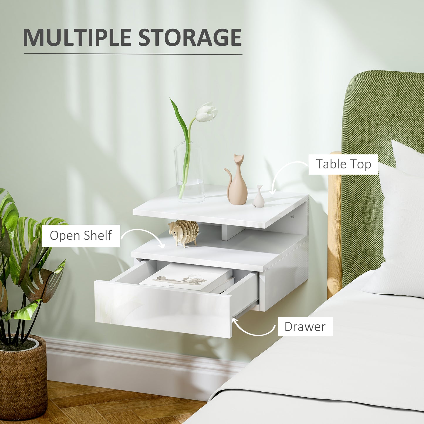 Floating High Gloss Bedside Table - High Gloss White