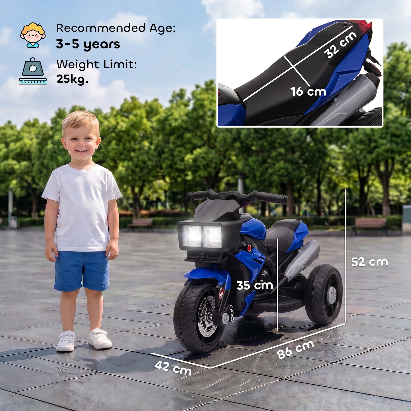 Kids Electric Motorcycle Ride-On Toy, 3-Wheel Battery-Operated Motorbike with Horn, Toddler Ride On Bike, Blue