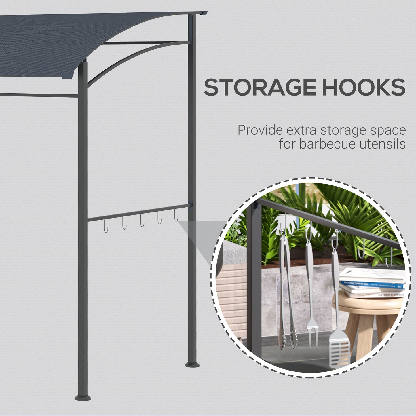 2.2 x 1.5 m BBQ Grill Gazebo Tent, Garden Grill with Metal Frame, Curved Canopy and 10 Hooks, Outdoor Sun Shade, Grey