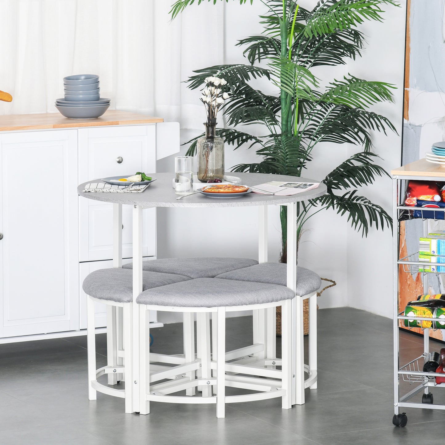 Modern Round Dining Table Set with 4 Upholstered Stools for Dining Room, Kitchen, Grey