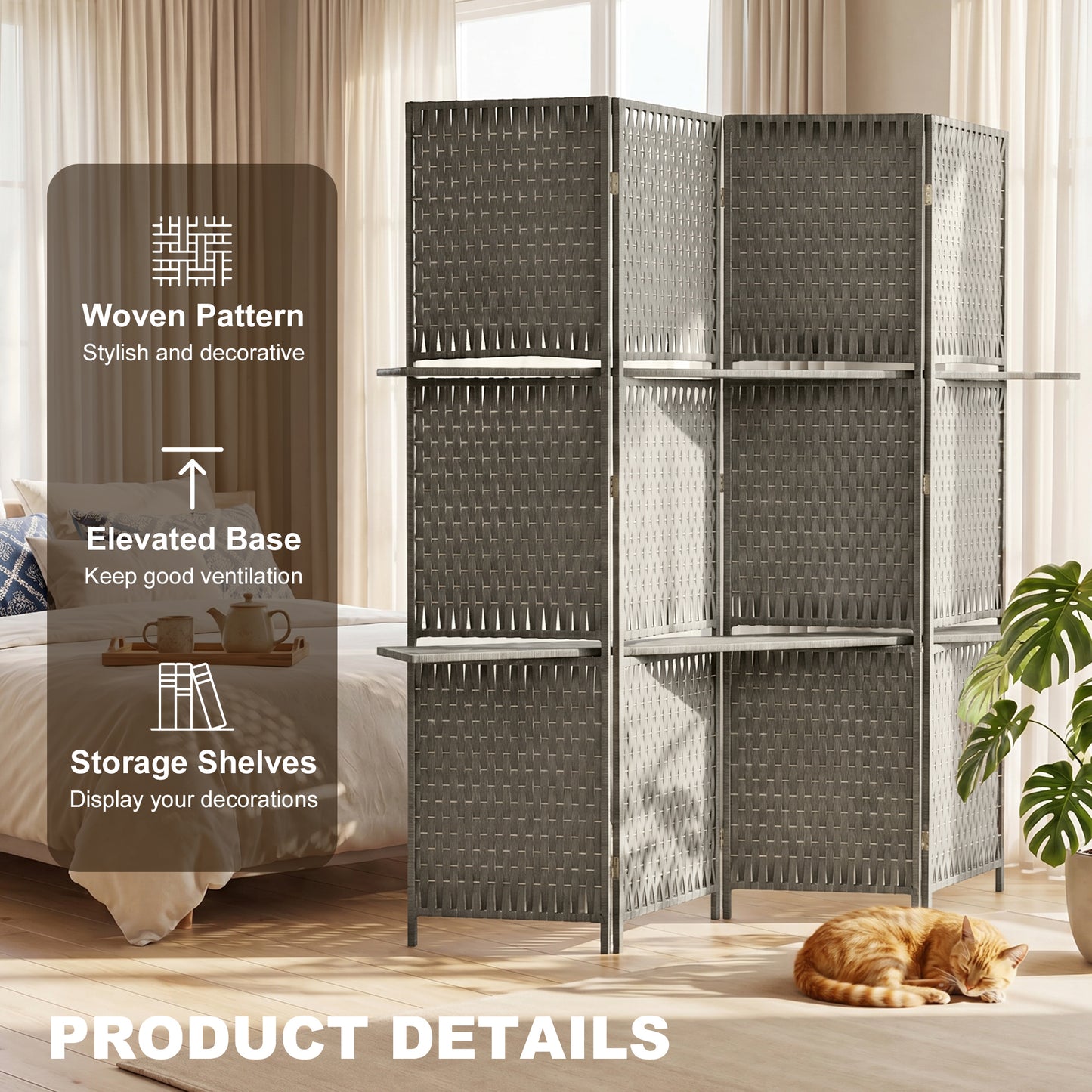 Wave Fibre Freestanding Folding Privacy Screen Panels, Room Divider, Grey