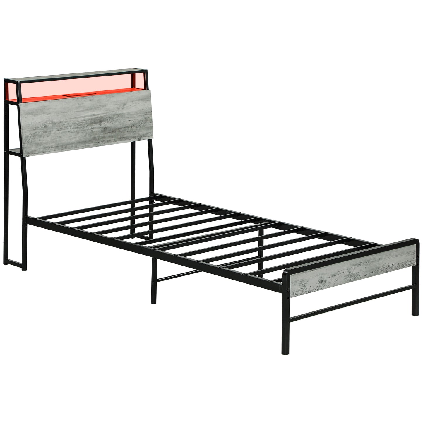 Single Steel Bed Frame, with LED Lights and Shelf - Grey